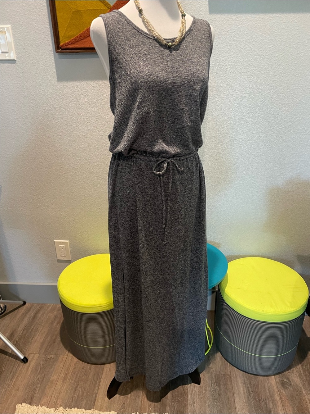 GAP Racerback Navy & Grey Stripe Maxi Dress w/ Drawstring Waist & Side Slits